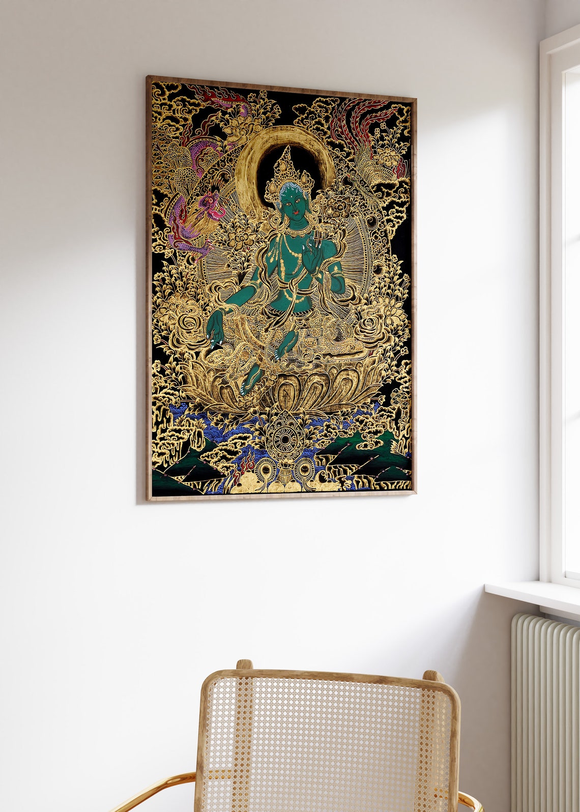 Green Tara Tibetan Buddhist Gold Leaf Black Thangka Art Poster - Image 2