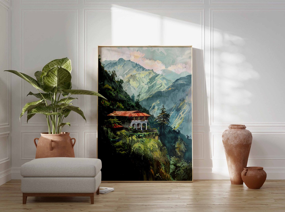 Himalayan Mountain Lodge on Forest Cliff Misty Peaks Landscape Poster - Image 3