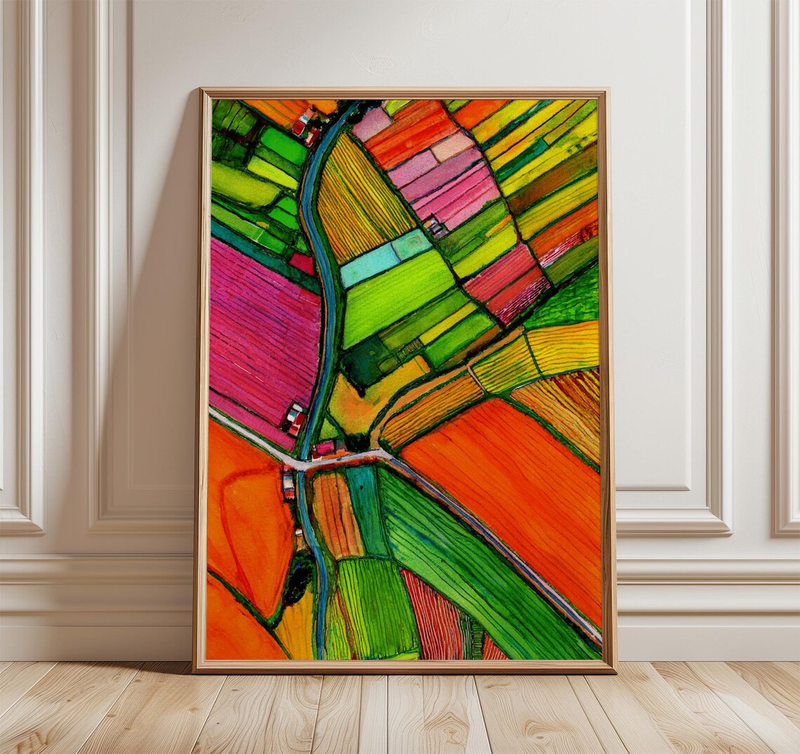 Colorful Aerial Landscape Art Print, Abstract Geometric Nature