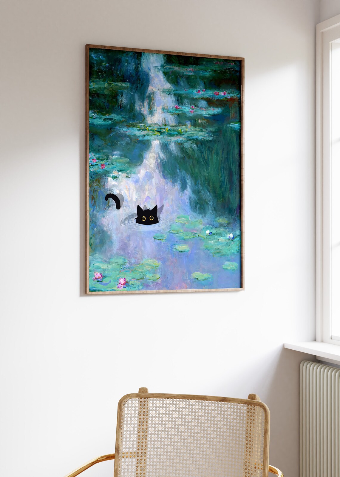 Black Cat Swimming Monet Water Lilies Funny Animal Art Poster - Image 3