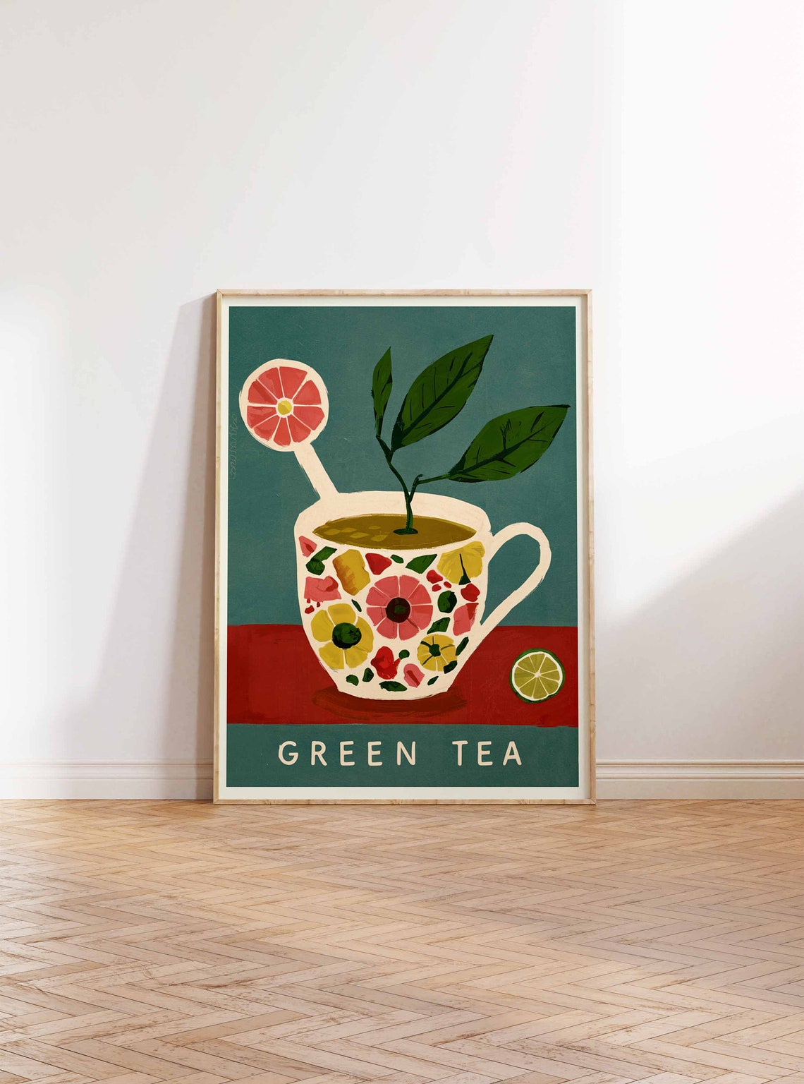 Green Tea Floral Teacup Citrus Retro Mid Century Kitchen Poster - Image 2