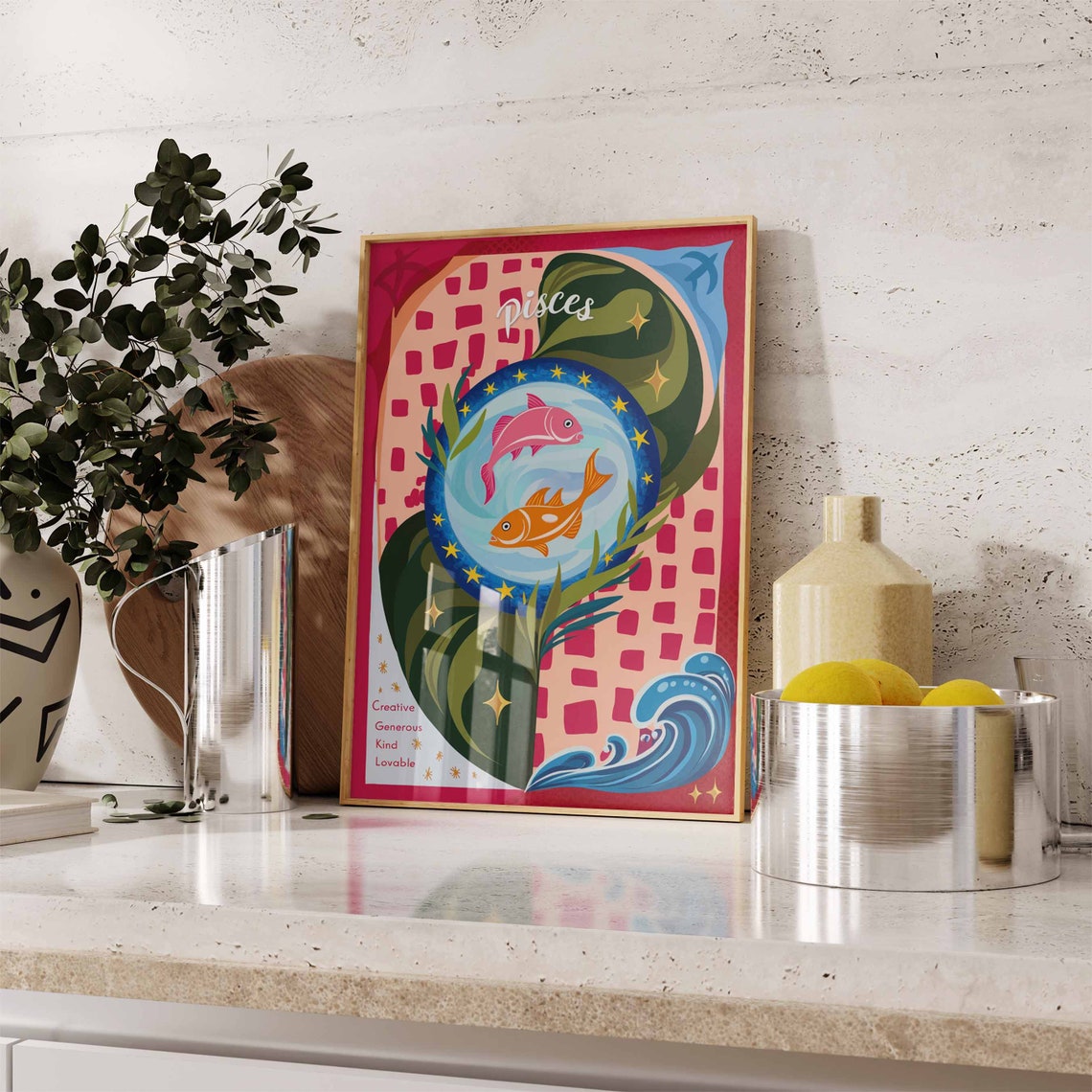 Pisces Zodiac Two Fish Blue Starry Circle Pink Waves Art Poster - Image 3
