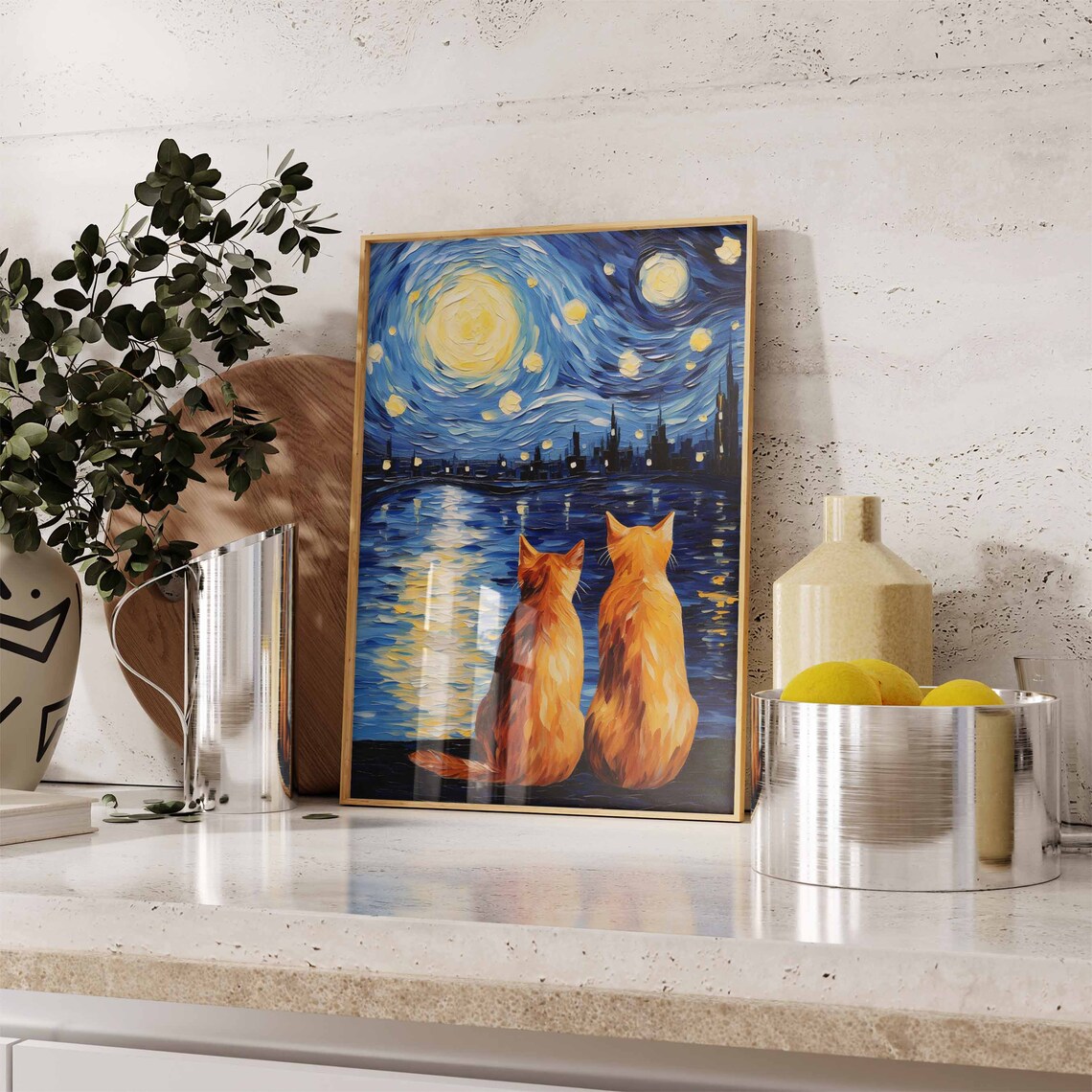 Two Orange Cats Watching Swirling Starry Night Sky Art Poster - Image 3