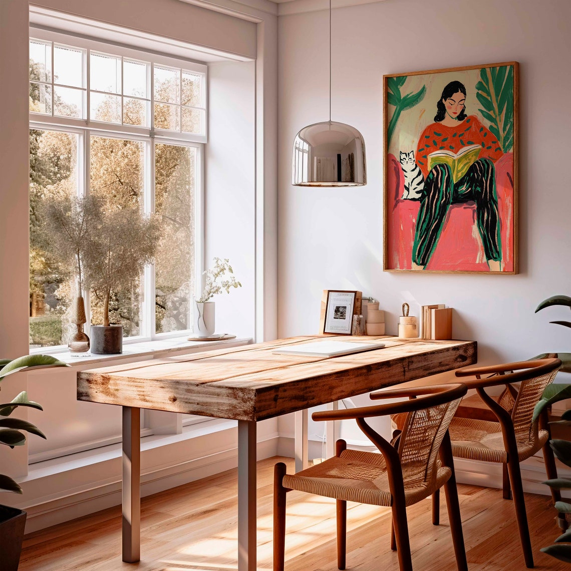 Woman Reading Book With Tabby Cat Colorful Botanical Art Poster - Image 3