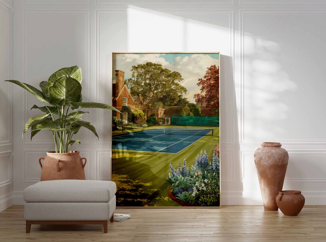Charming Tennis Court Brick House Bluebell Garden Scene Poster - Image 2