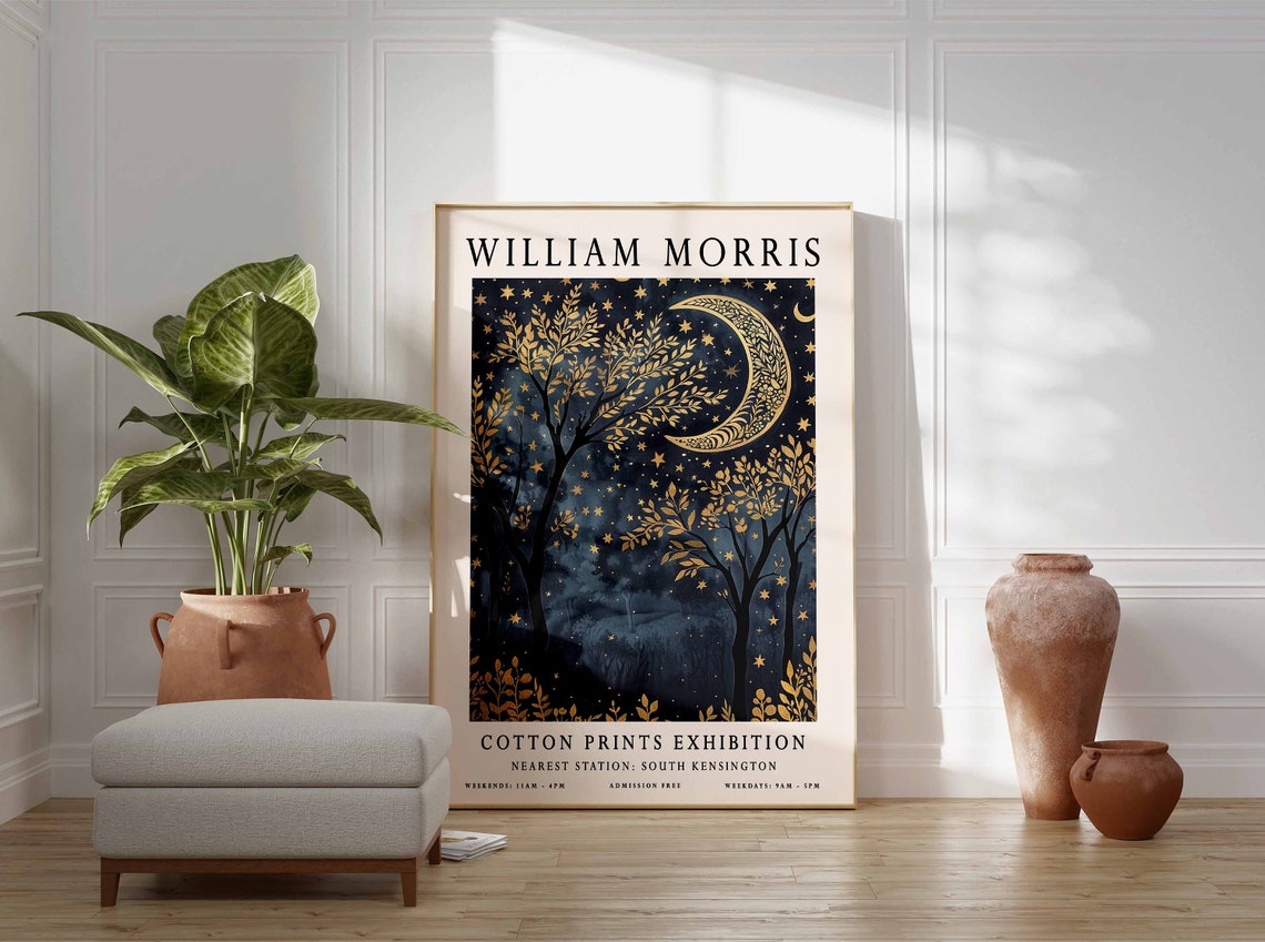 William Morris Patterned Crescent Moon Night Sky Exhibition Poster - Image 3