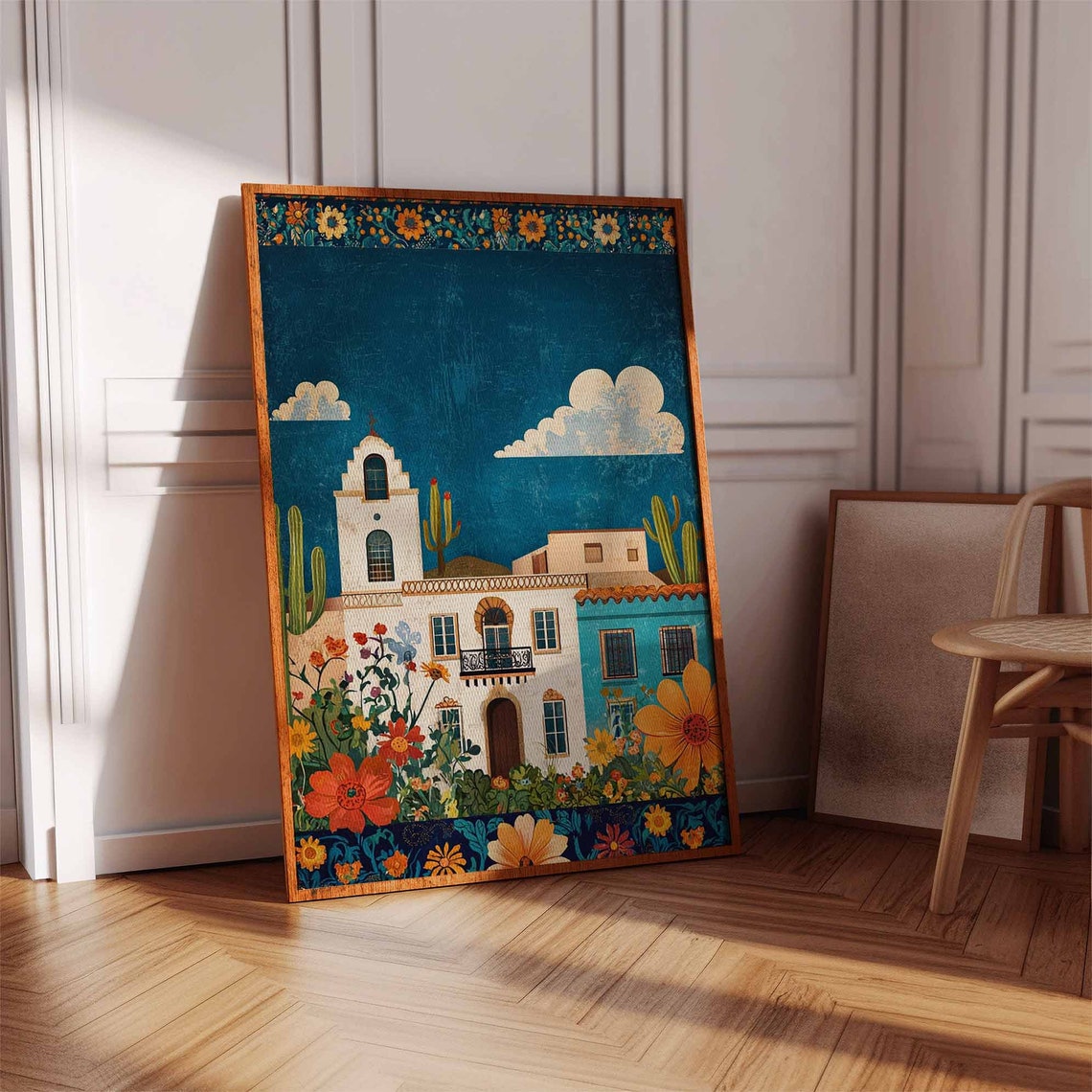 Mexican Colonial Town Mission Church Cacti Marigolds Art Poster - Image 3