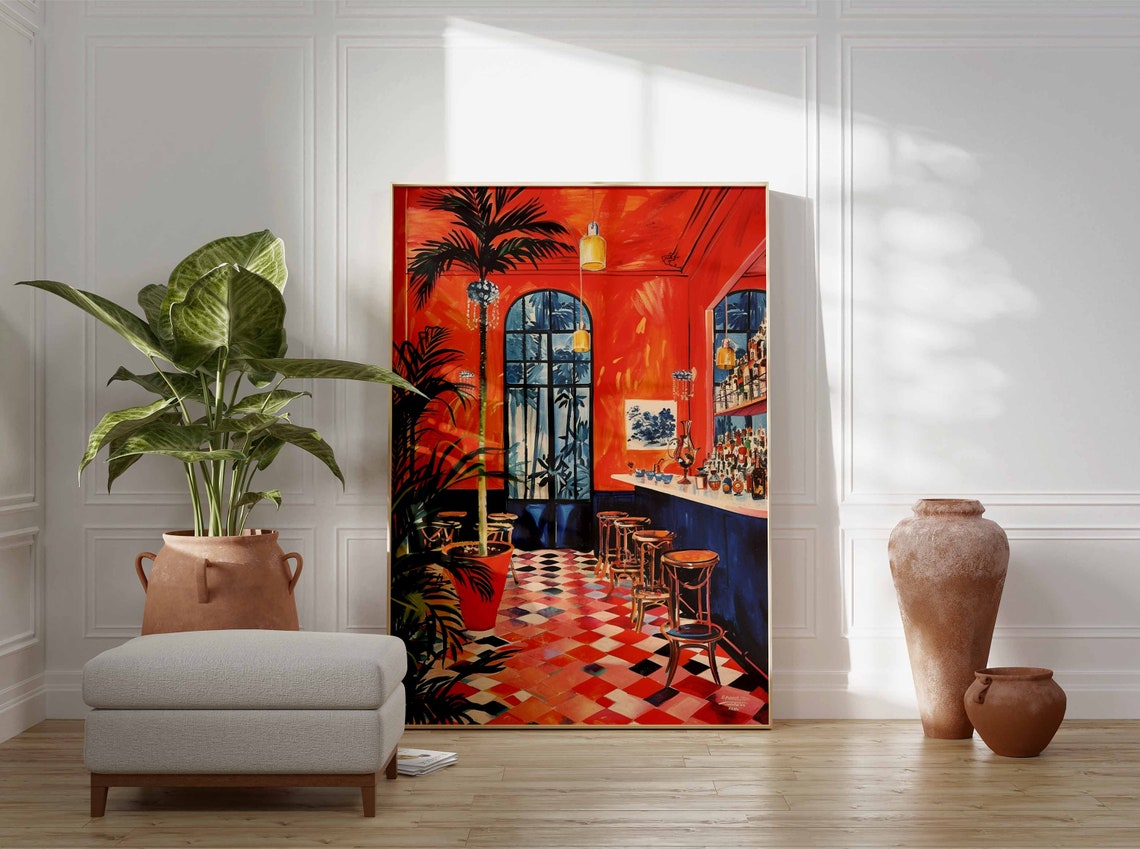 Retro Cocktail Bar Orange Interior Palm Tree Painting Poster - Image 3