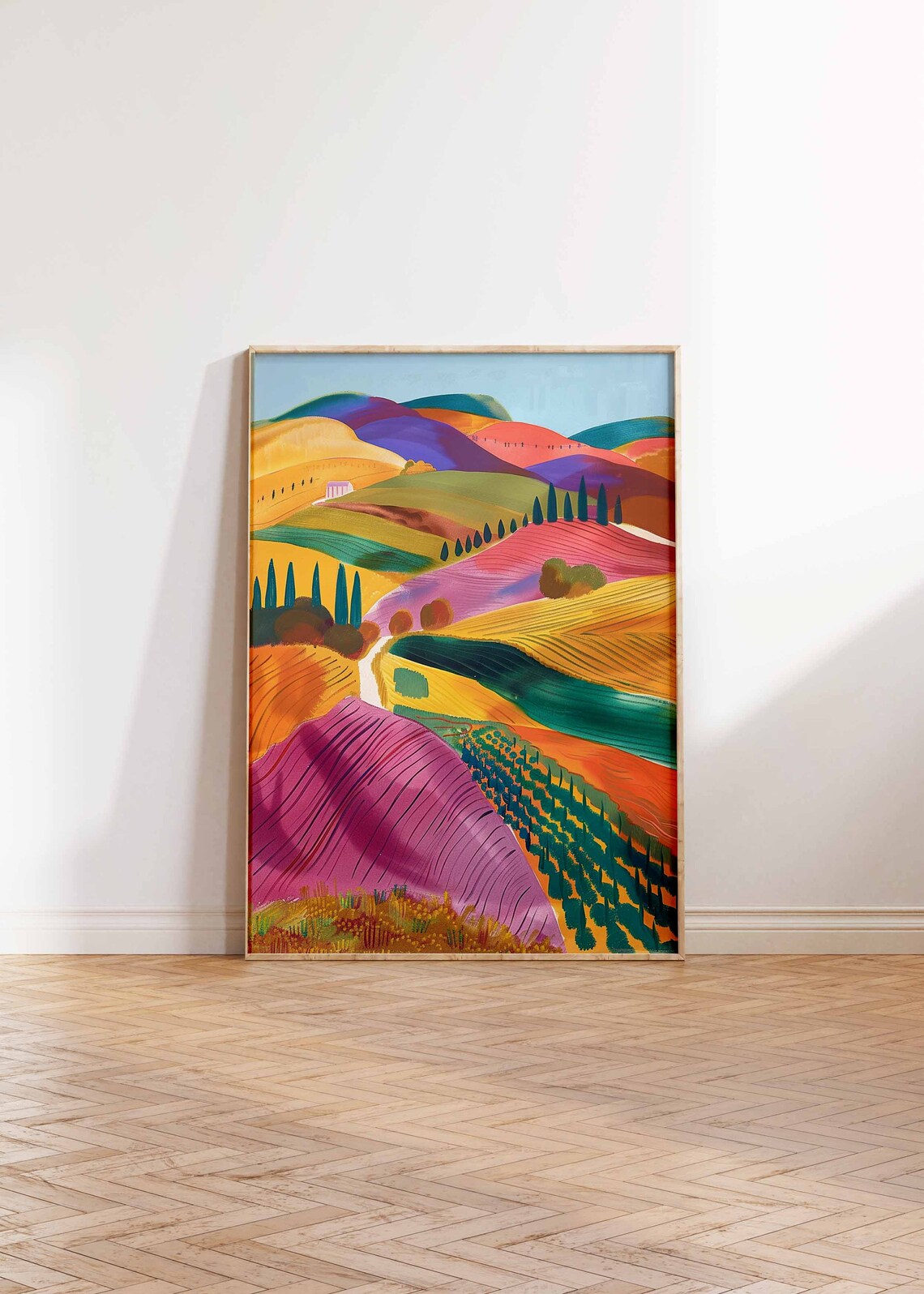 Vineyard Valley Cypress Trees Colorful Landscape Art Print Wall Decor - Image 2