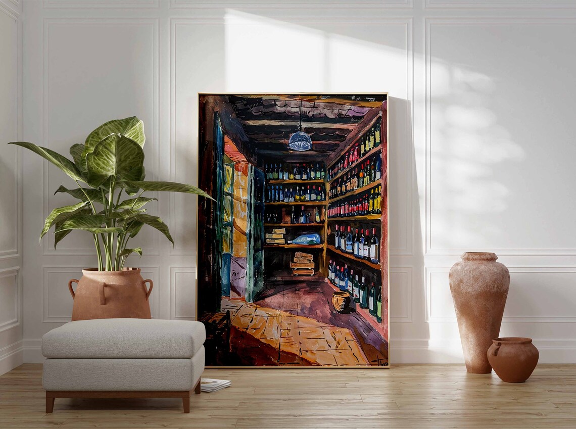 Narrow Wine Shop Interior Art Poster Bottle Shelves Warm Light Scene - Image 3