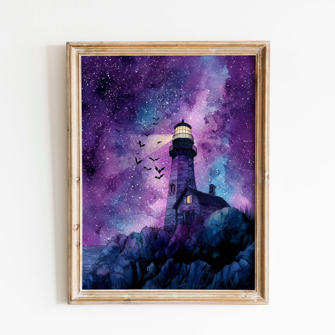 Starry Night Lighthouse Watercolor Print Coastal Halloween Decor