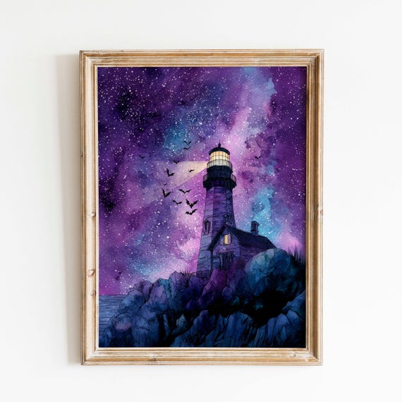 Starry Night Lighthouse Watercolor Print Coastal Halloween Decor