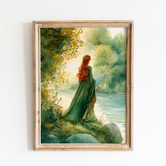 Watercolor Maid Marian Print Forest Green Gown Pastoral Art