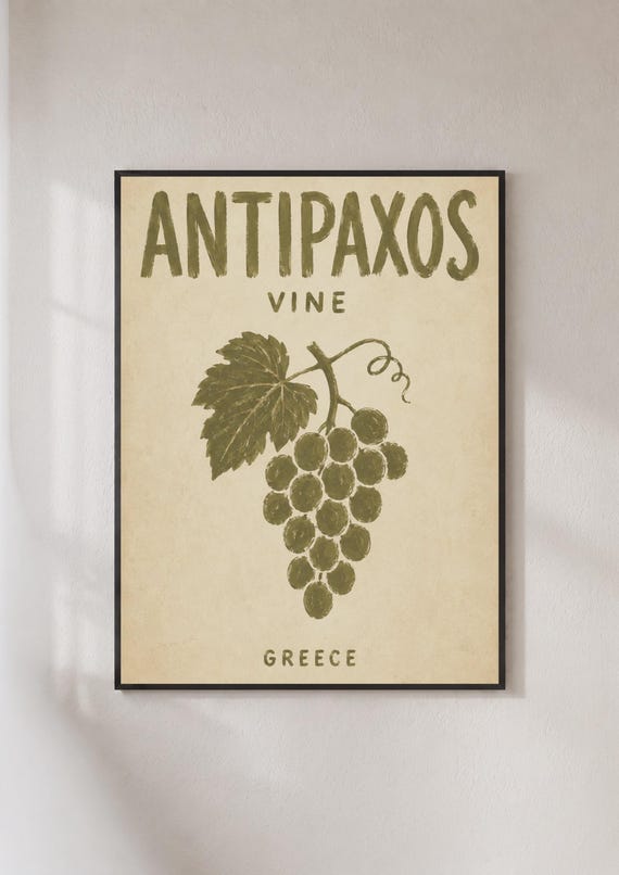 Antipaxos Greece Vine Poster Greek Island Wall Art Vintage Grape Print Kitchen Decor