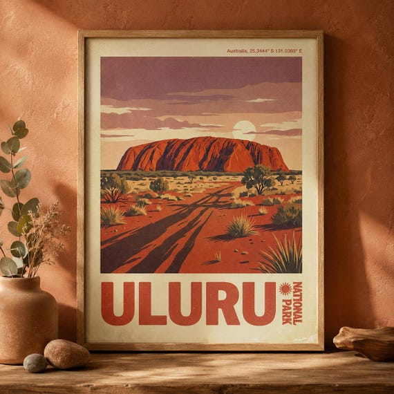 Uluru Print National Park Vintage Australia Travel Poster Ayers Rock Desert Sunset Wall Art