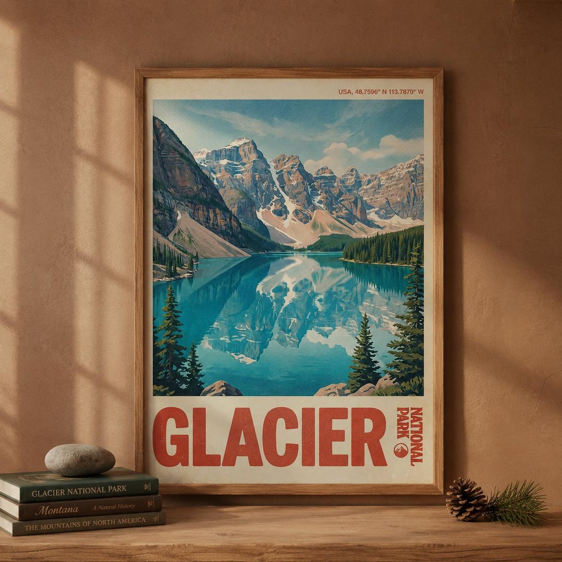 Glacier National Park Montana Mirror Lake Peaks Vintage Travel Poster