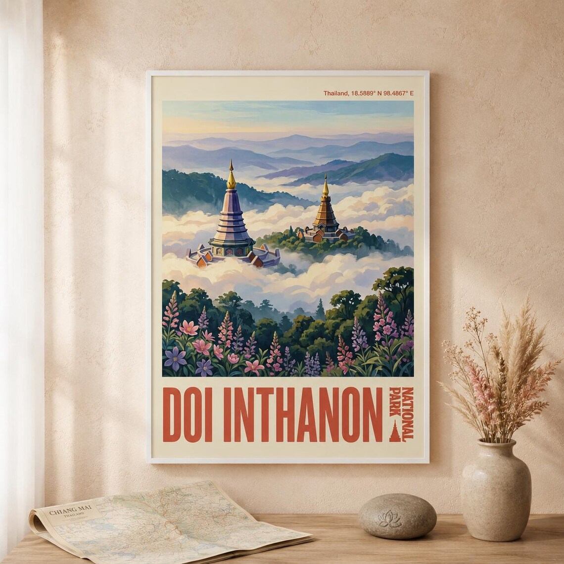 Doi Inthanon National Park Thailand Pagoda Vintage Travel Poster
