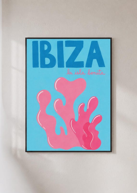 Ibiza La Isla Bonita Poster Retro Travel Wall Art Blue Pink Spain Print
