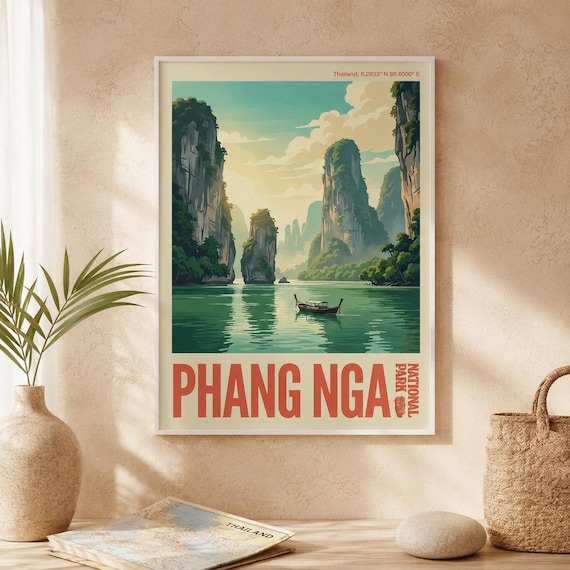 Phang Nga National Park Thailand Vintage Travel Print Longtail Boat Island Artwork