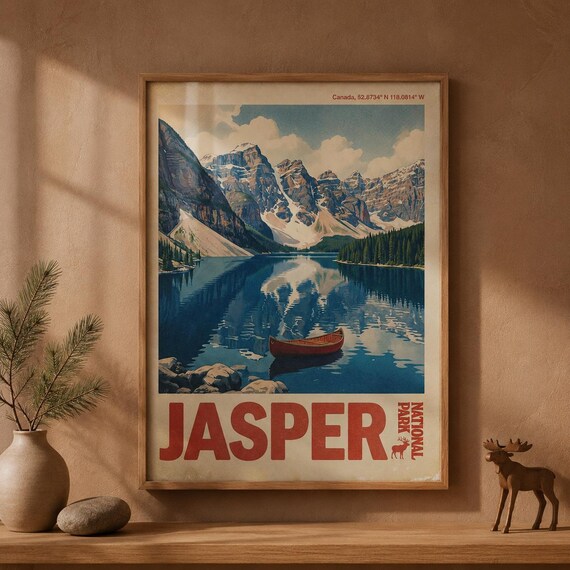 Jasper National Park Canada Mountain Lake Canoe Travel Poster