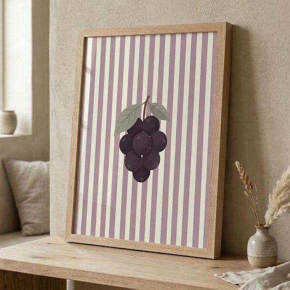 Grapes Print Minimalist Kitchen Wall Art Purple Stripes Modern Fruit Illustration