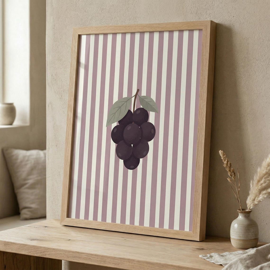 Grapes Print Minimalist Kitchen Wall Art Purple Stripes Modern Fruit Illustration