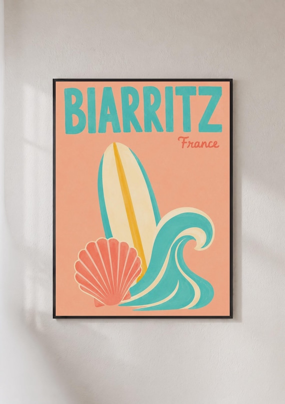 Biarritz France Surfboard Wave Retro Surf Coastal Travel Poster