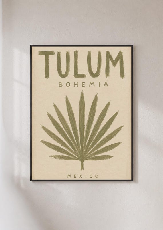 Tulum Mexico Travel Poster, Bohemian Palm Leaf