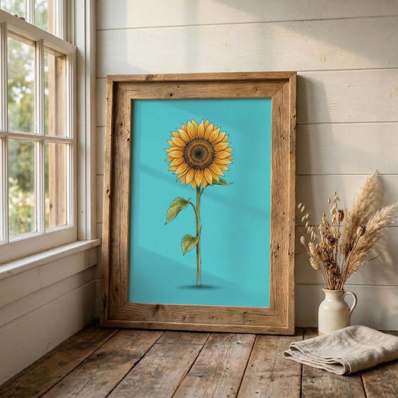 Minimalist Sunflower Botanical Print Blue Floral Wall Art Cottage Garden Poster