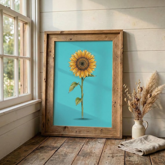 Minimalist Sunflower Single Stem Botanical Poster on Turquoise