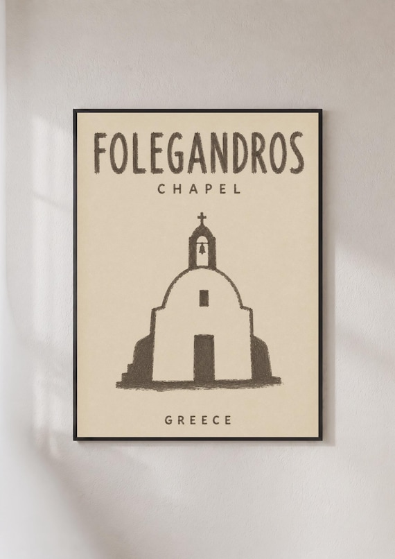 Folegandros Greece White Chapel Sketch Retro Island Art Poster