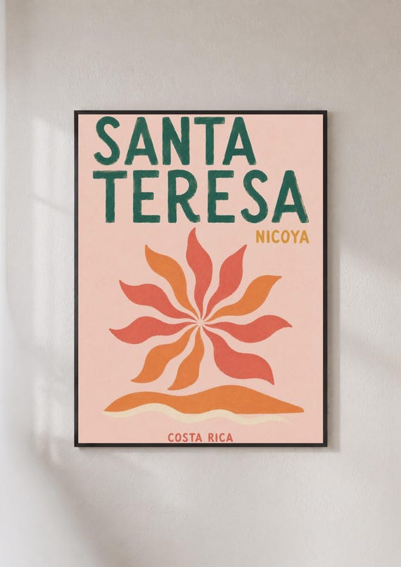 Santa Teresa Costa Rica Poster Nicoya Beach Travel Print Retro Surf Wall Art