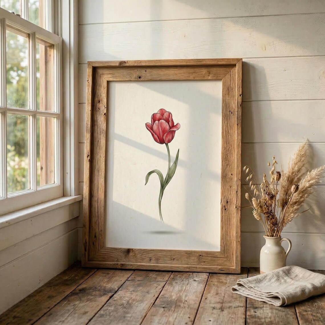Minimalist Red Tulip Botanical Illustration Single Stem Flower Modern Poster