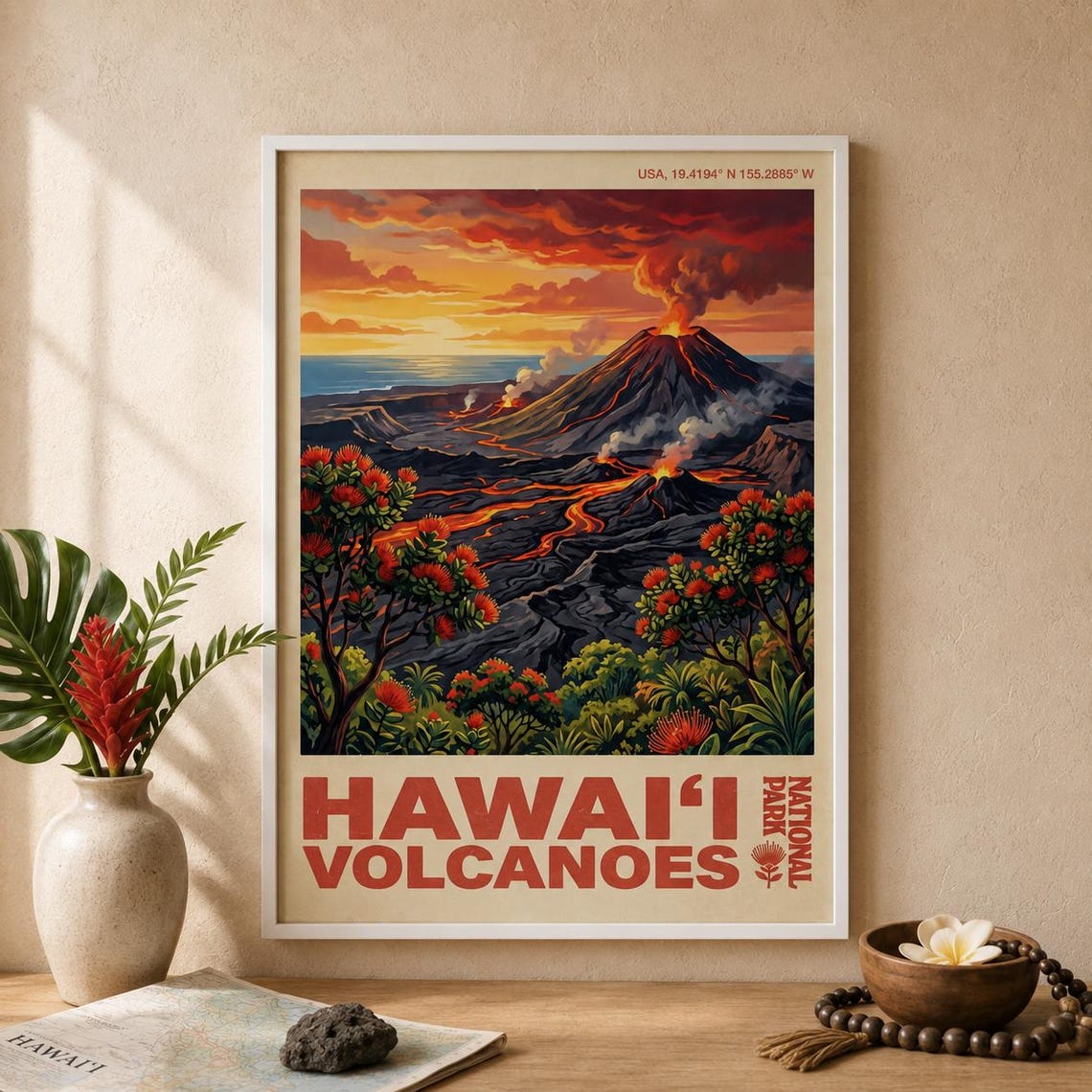Hawaii Volcanoes National Park Erupting Lava Flow Travel Poster