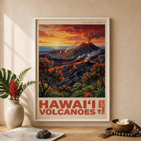 Hawaii Volcanoes National Park Erupting Lava Flow Travel Poster