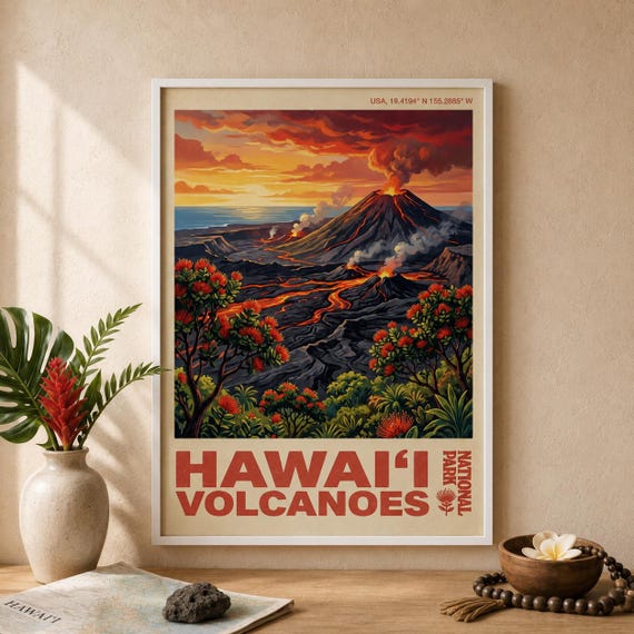 Hawaii Volcanoes National Park Print Vintage Lava Landscape Travel Poster