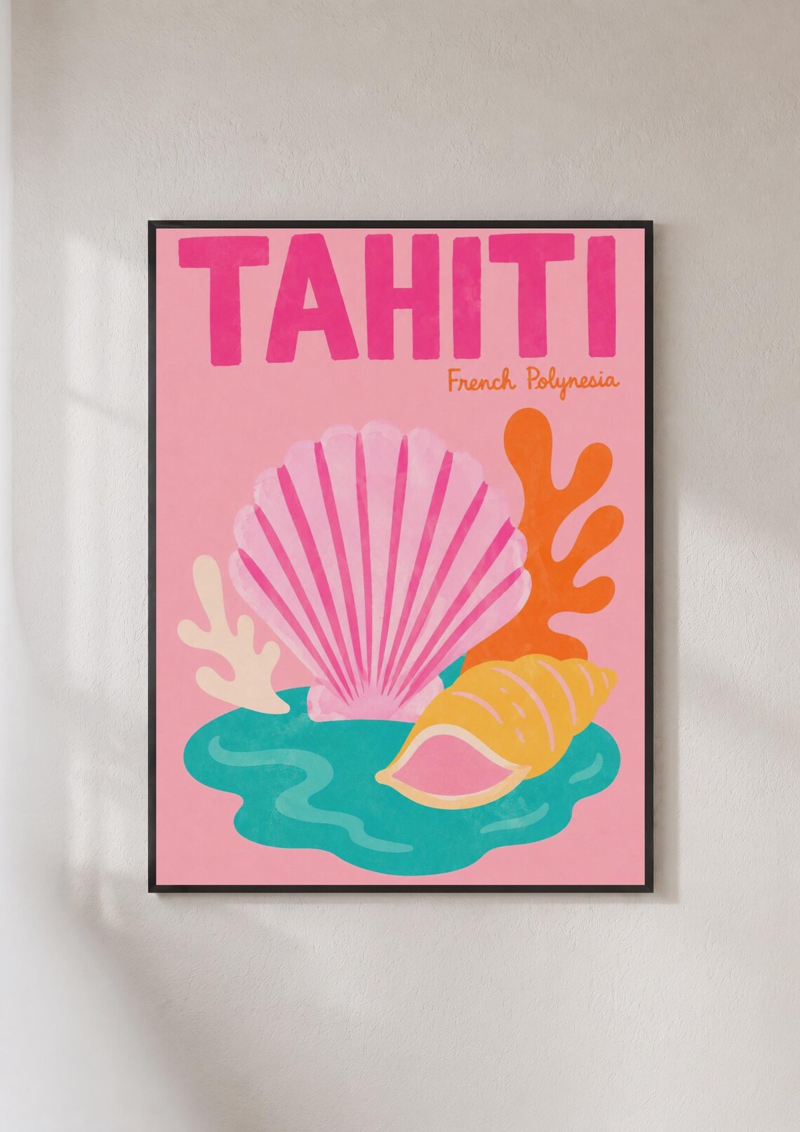 Tahiti French Polynesia Seashell Coral Travel Poster Pink Artwork