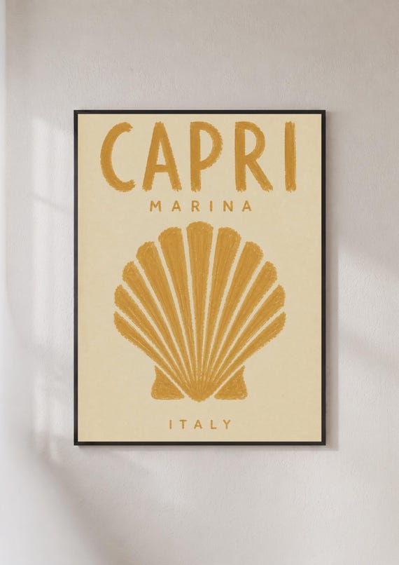 Capri Marina Italy Poster Vintage Scallop Shell Wall Art Golden Coastal Print