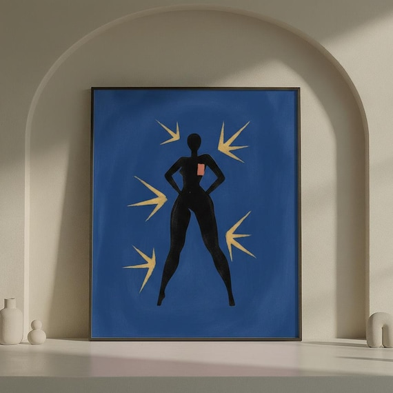 Bold Black Female Silhouette Blue Celestial Starry Art Poster