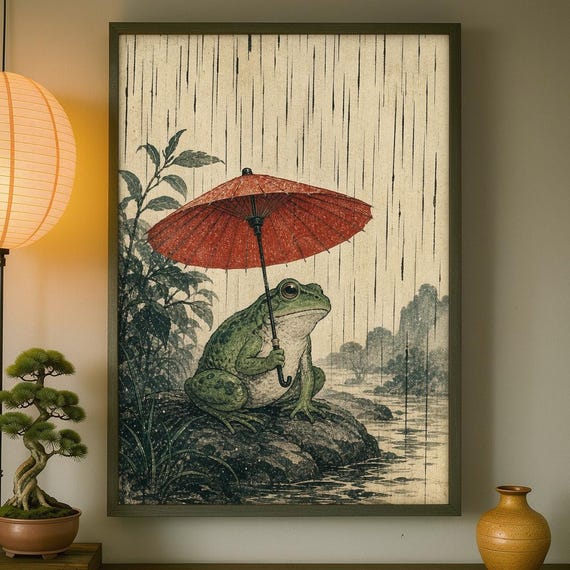 Japanese Frog Umbrella Print Ukiyoe Illustration