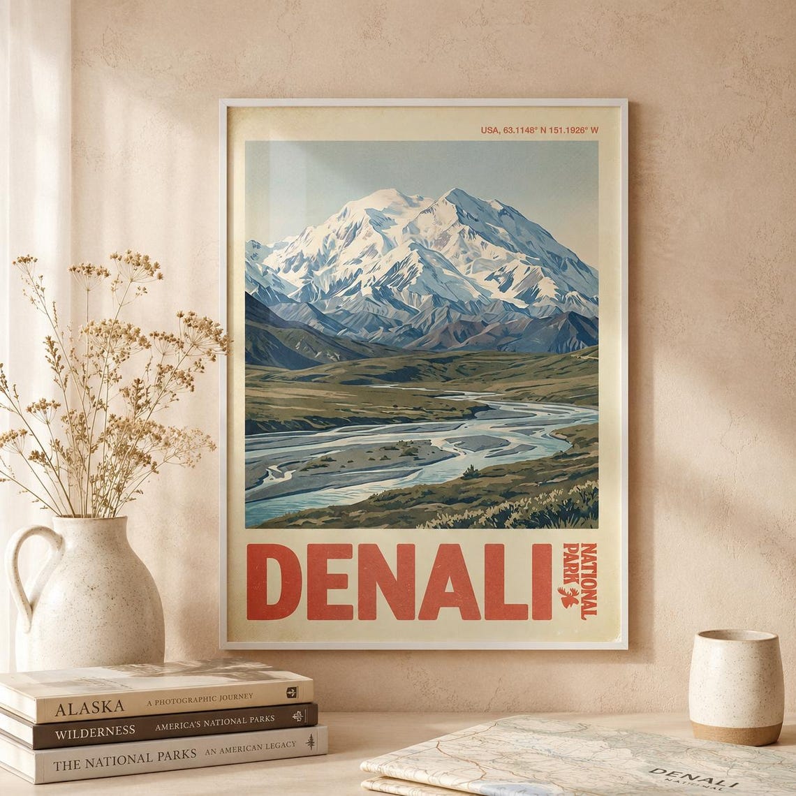 Snowy Denali National Park Alaska Vintage Mountain Travel Poster