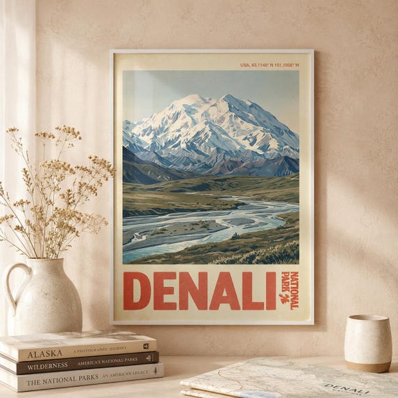 Denali National Park Print Vintage Alaska Travel Poster Mountain Landscape Wall Art