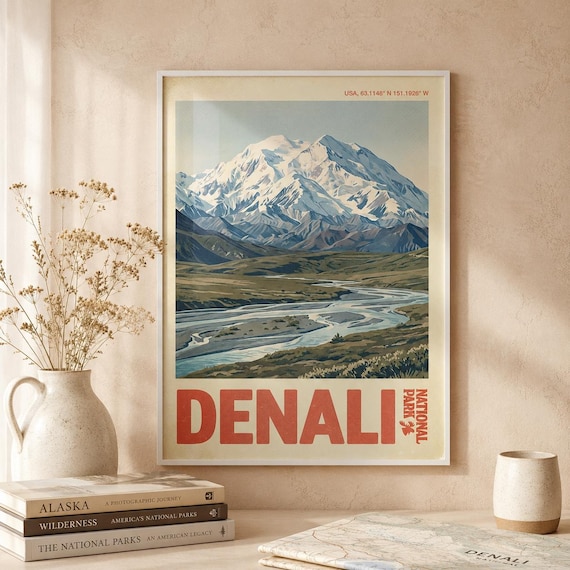 Snowy Denali National Park Alaska Vintage Mountain Travel Poster