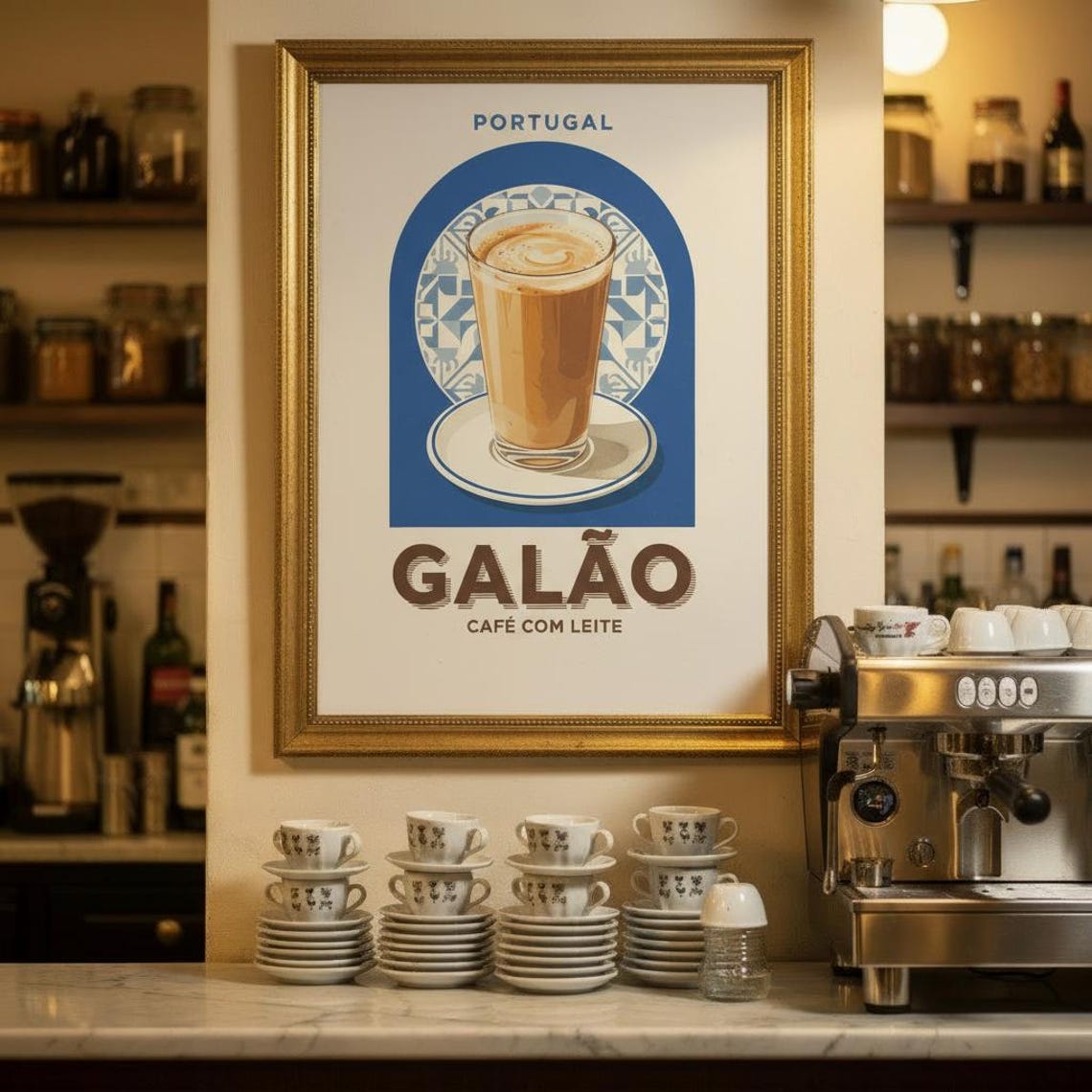 Portugal Galao Cafe com Leite Vintage Coffee Poster Cafe Decor