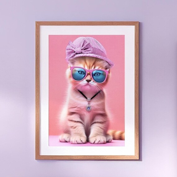 Fashionista Kitten in Pink Sunglasses Hat and Jewel Necklace Poster