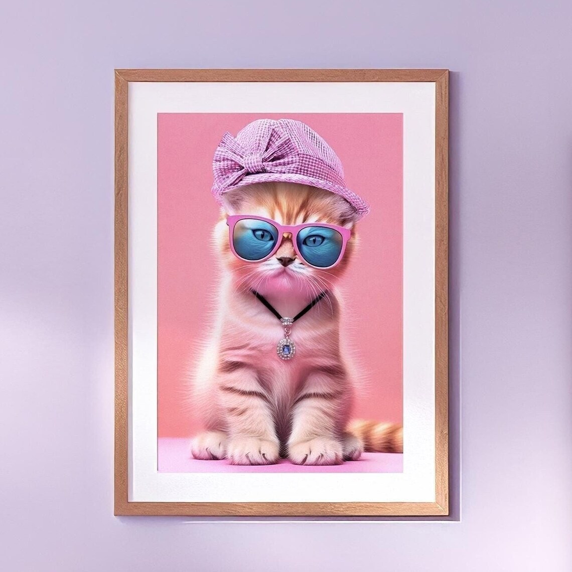Fashionista Kitten in Pink Sunglasses Hat and Jewel Necklace Poster