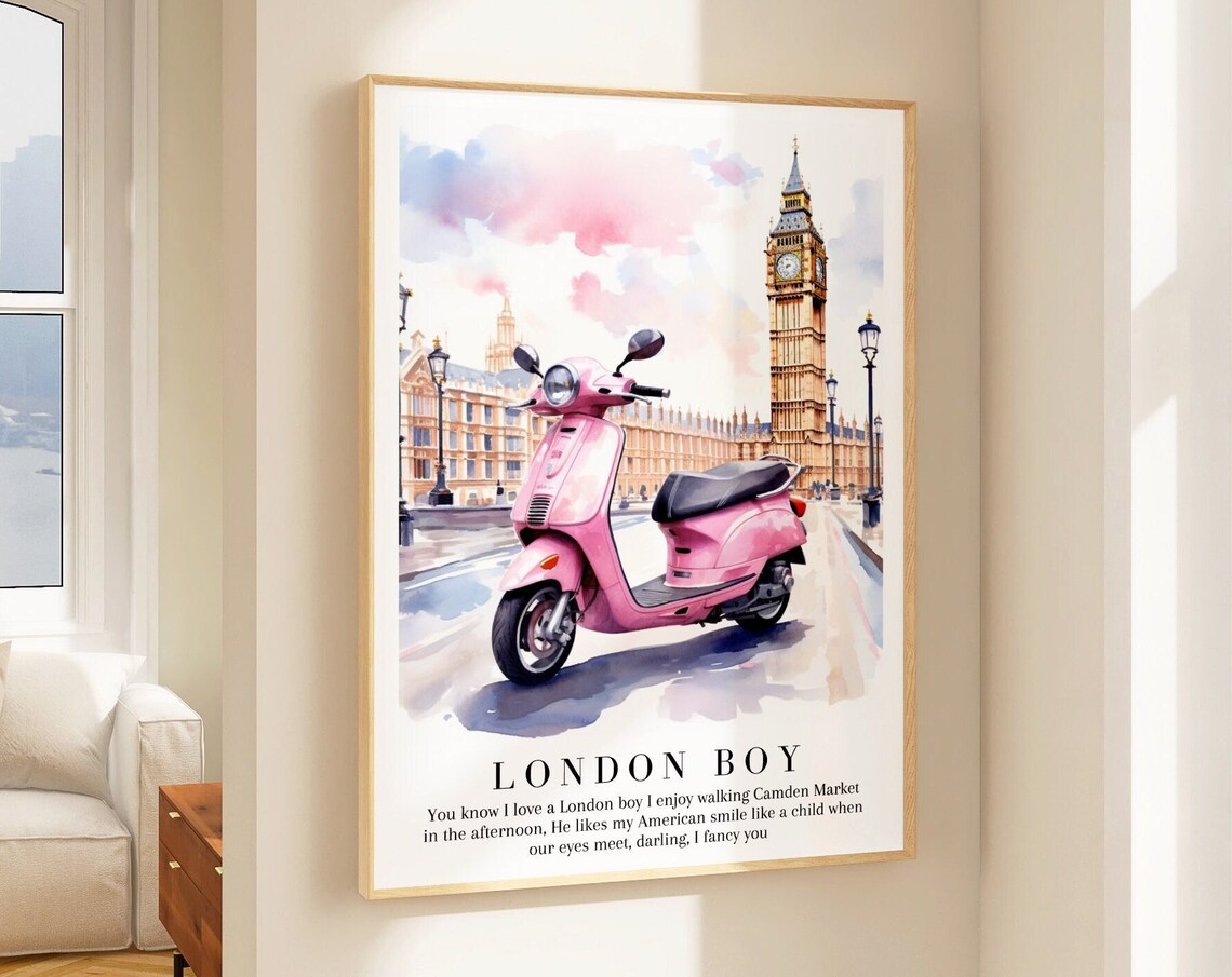 Taylor Swift London Boy Pink Scooter Big Ben Watercolor Poster