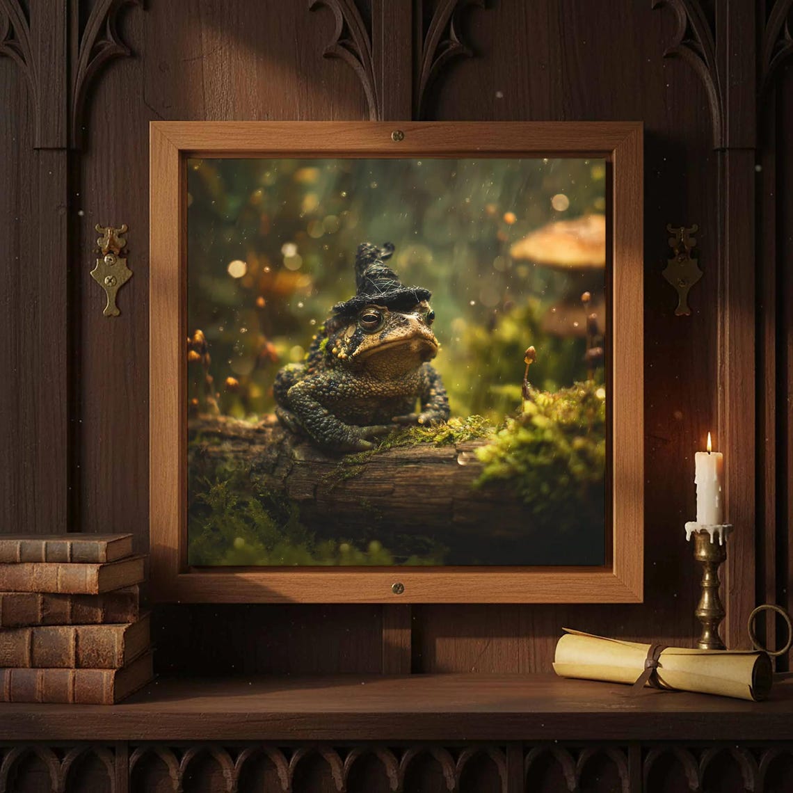 Whimsical Toad Witch Hat Halloween Forest Mossy Log Fantasy Poster