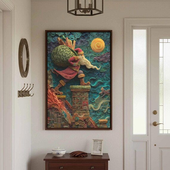 Santa Claus Paper Quilling Rooftop Christmas Night Scene Art Poster