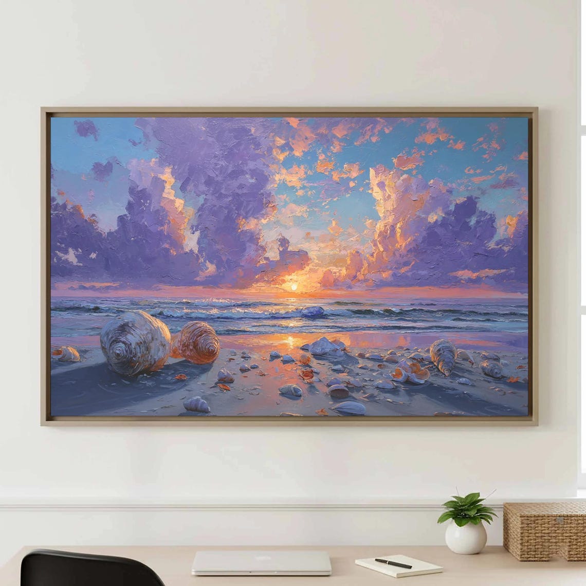 Coastal Sunset Seashells Beach Oil Painting Purple Sky Art Poster